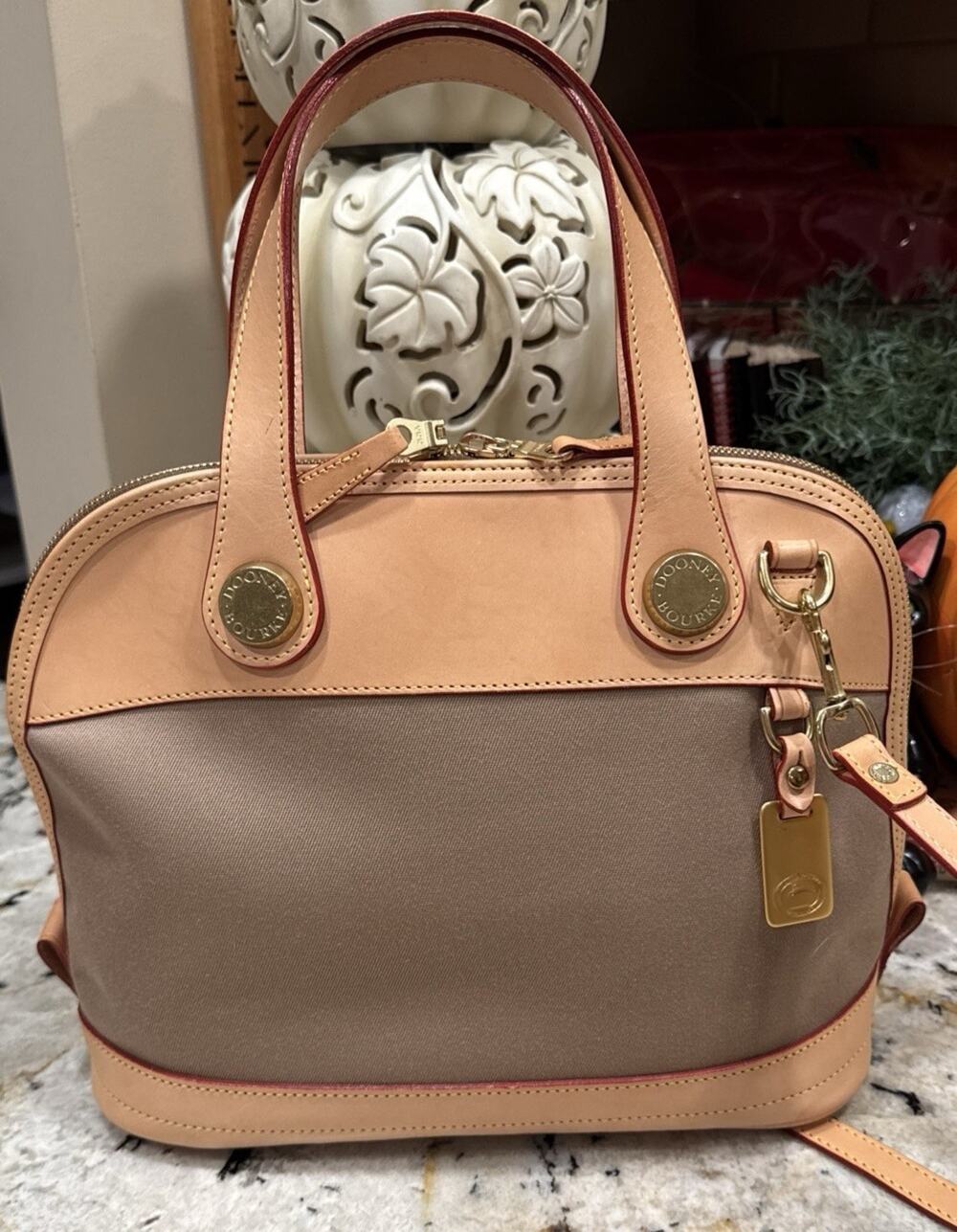 Dooney Bourke Tan Zip Zip Dome Satchel Double Handle Detachable Strap